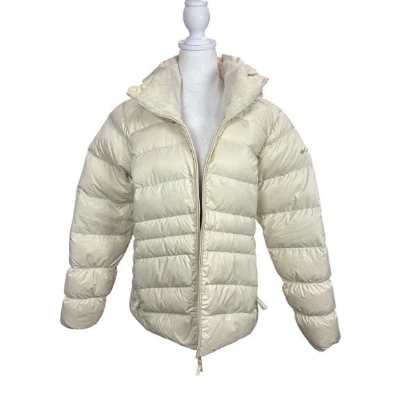 Columbia White‎ Autumn Park Down Jacket Large Omni-Heat Mink-Fleece Collar $130